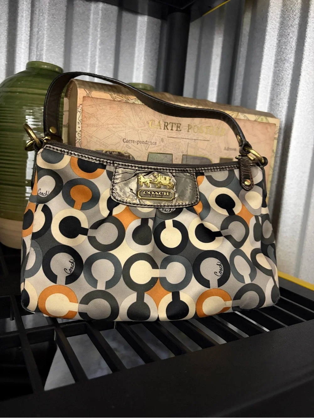 Coach Multicolor Circle Print Shoulder Bag with Brown Trim